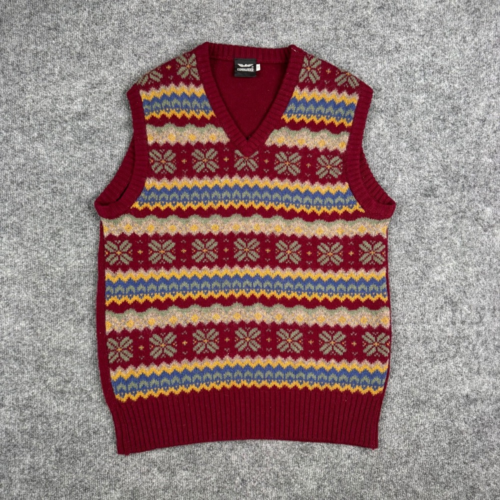 Commander Sweater Vest Mens Size 52 Burgundy Wool Fair Isle V-Neck Knit Hole